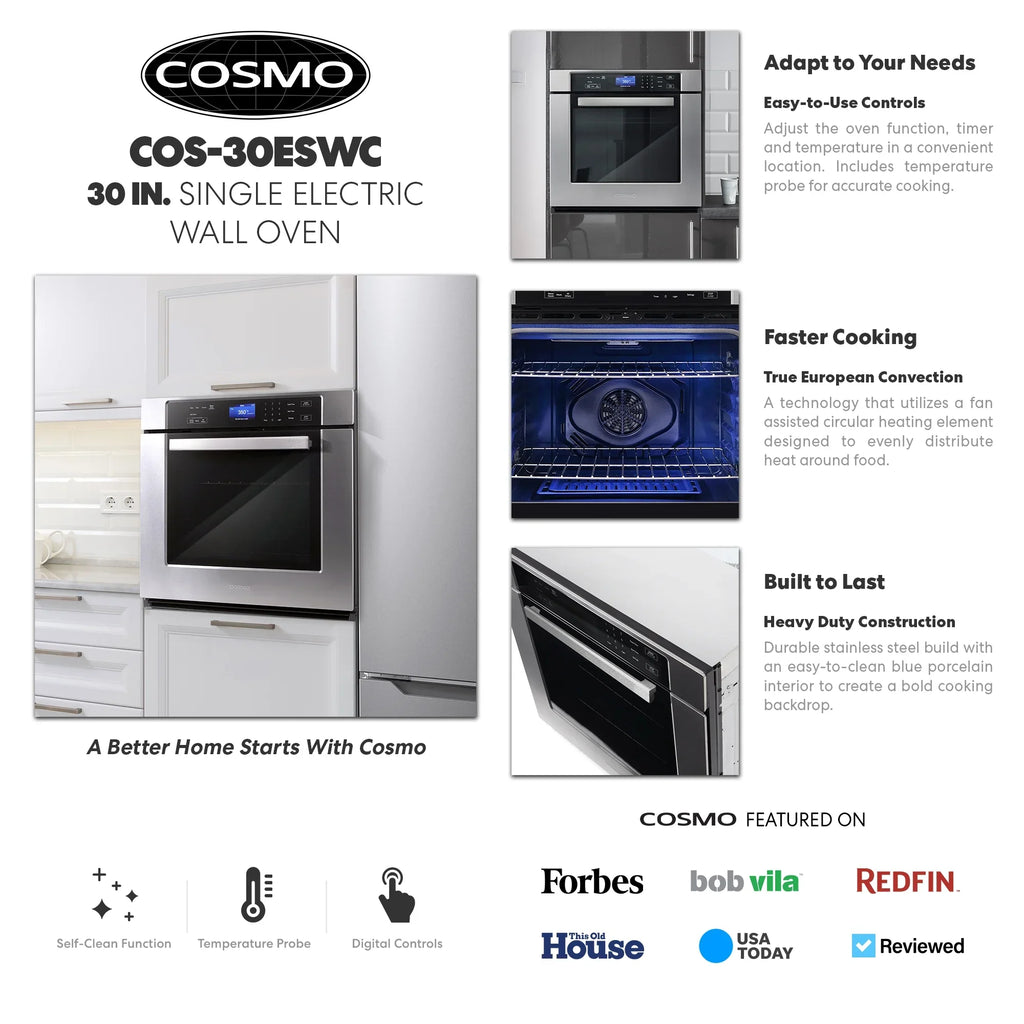 30 in. 5 cu. ft. Single Electric Wall Oven with True European Convection and Self Cleaning in Stainless Steel