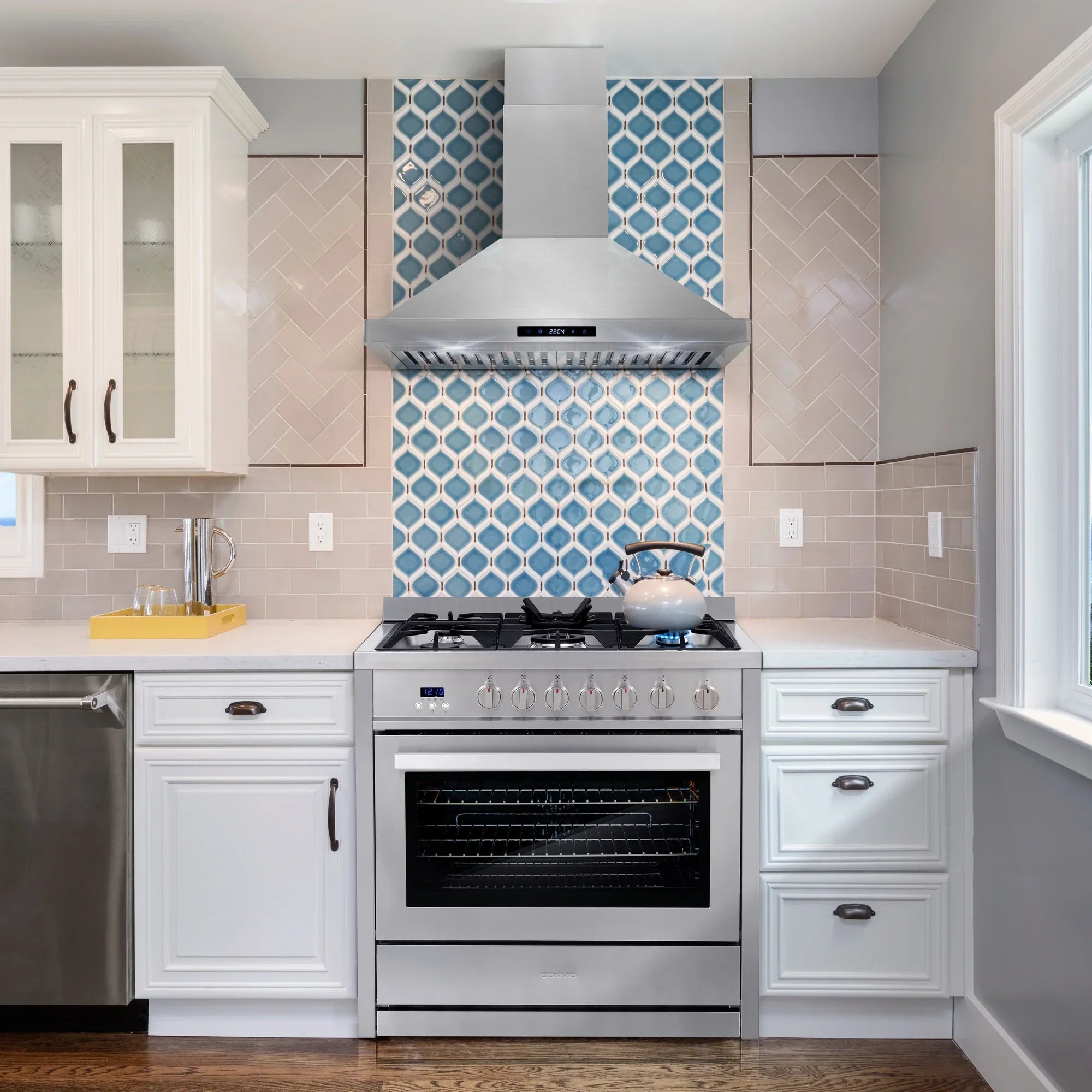 Cosmo 4 Piece Kitchen Appliance Package with 36" Freestanding Gas Range 36" Under Cabinet Range Hood 24" Built-in Integrated Dishwasher & French Door Refrigerator Kitchen Appliance Bundles