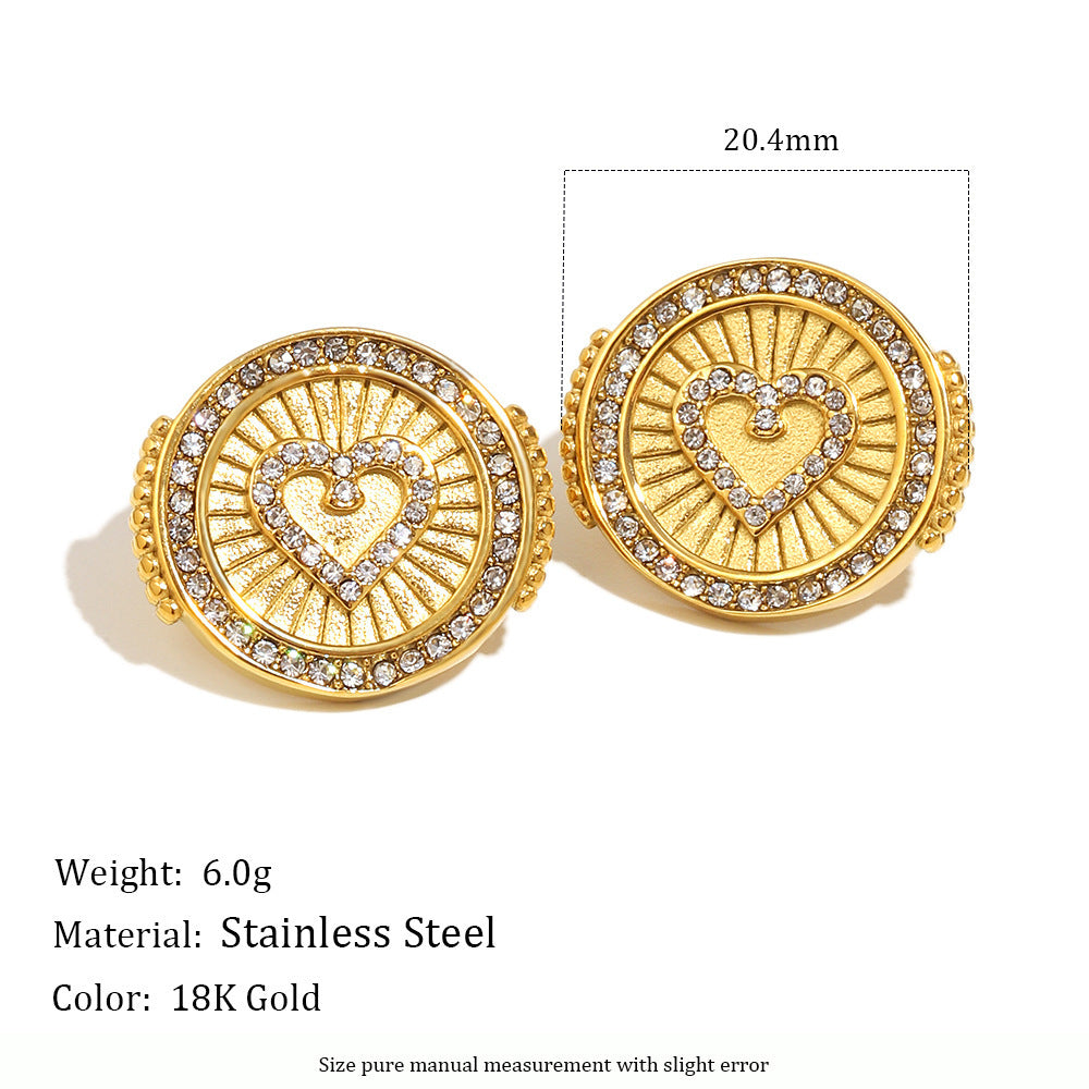 Retro Geometric Heart Disc Zircon Necklace Earring And Ring Set