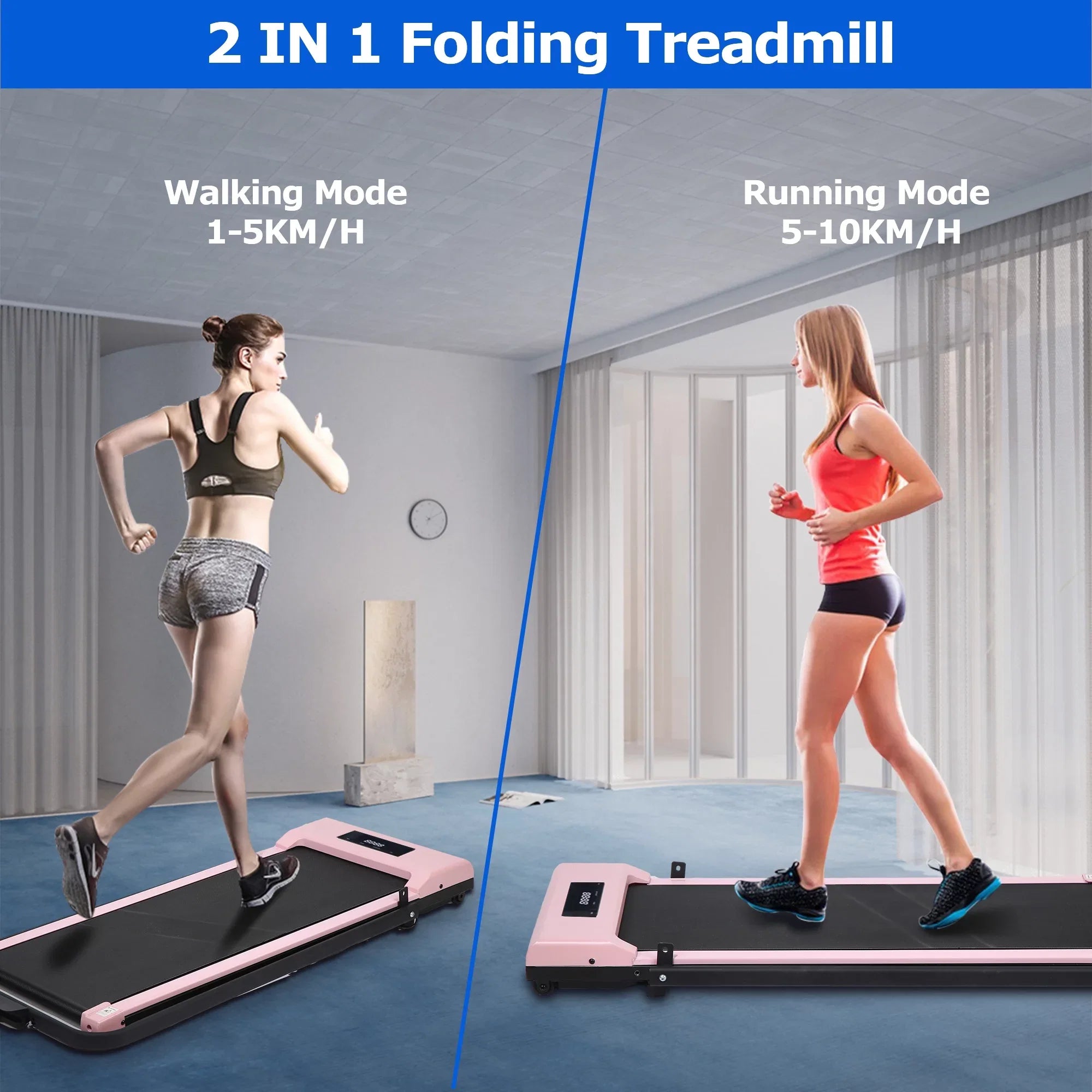 BITOUSHI Treadmill Under Desk Walking Pad 2 in 1, 3.0HP Portable Small Treadmill for Office & Home, Ultra Quiet & Installation-Free with Remote Control, LED Display, 220 Lb Capacity - Pink
