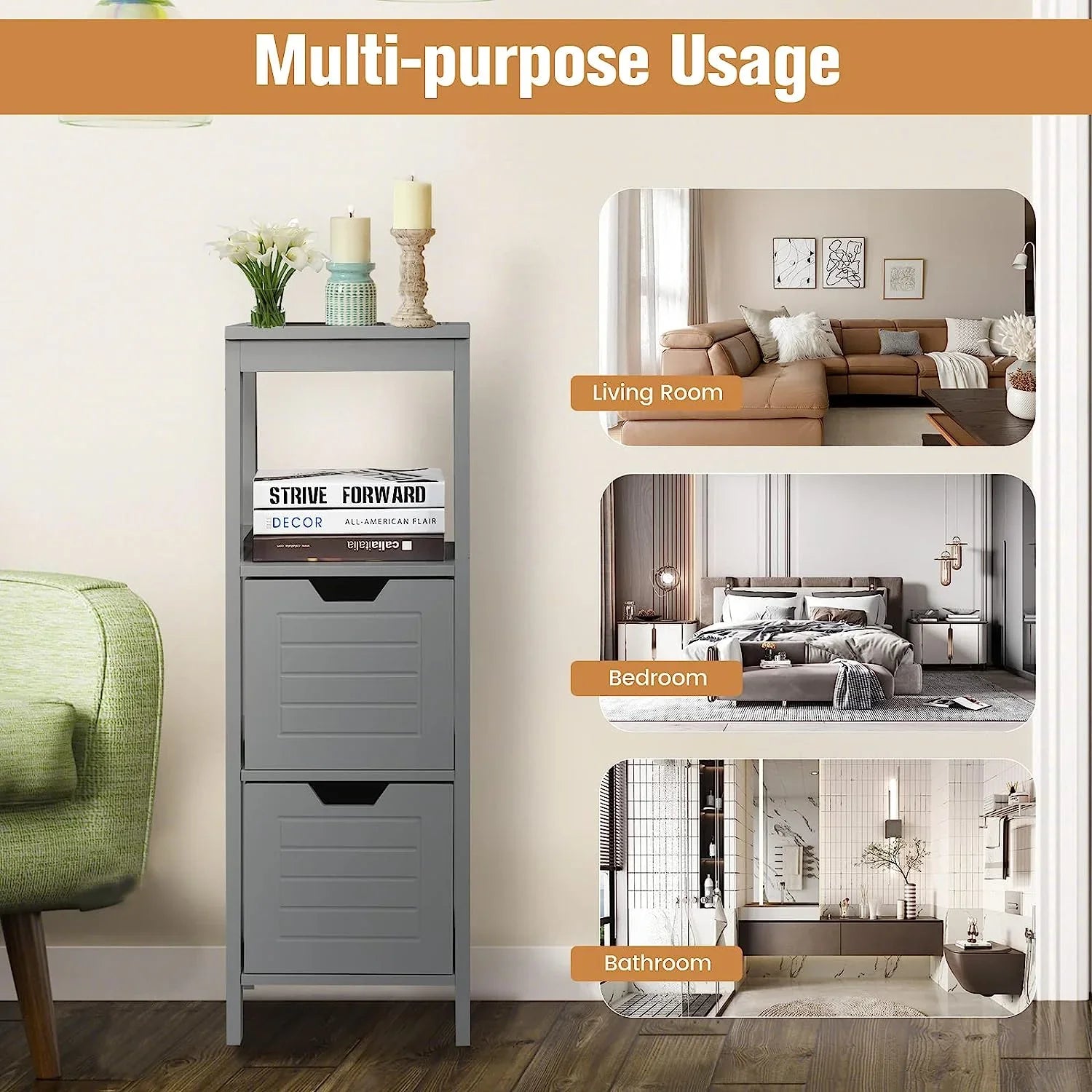 Bathroom Storage Cabinet, Freestanding Wooden Side Storage Cabinet with 2 Adjustable Drawers, Space-Saving Floor Cabinet for Living Room Bathroom Bedroom Entryway (Grey)