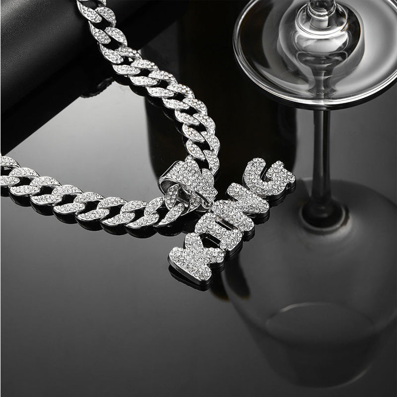 13mm Width Football Pendant Necklace,Full Diamond King Fashion Pendant Necklace, 3D Diamond Gold Zinc Alloy Stainless Steel Religious Zircon