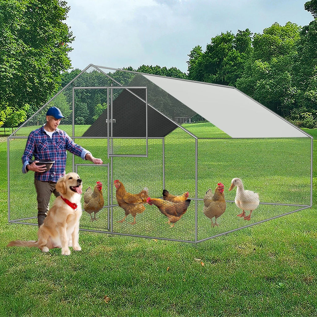 Caulitar 10 X 10FT Large Metal Chicken Coop Walk-in Poultry Cage Chicken Run Pen Rabbit Duck House with Waterproof and Anti-UV Cover for Outdoor Farm Use
