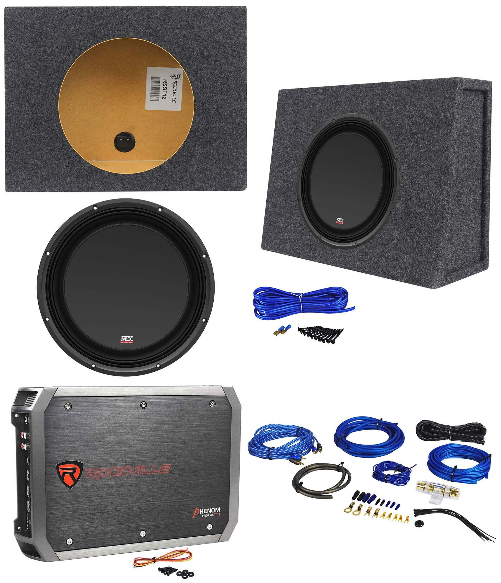 MTX 3512-04S 12" 600w Shallow Subwoofer+Sealed Sub Box Enclosure+Amplifier+Wires
