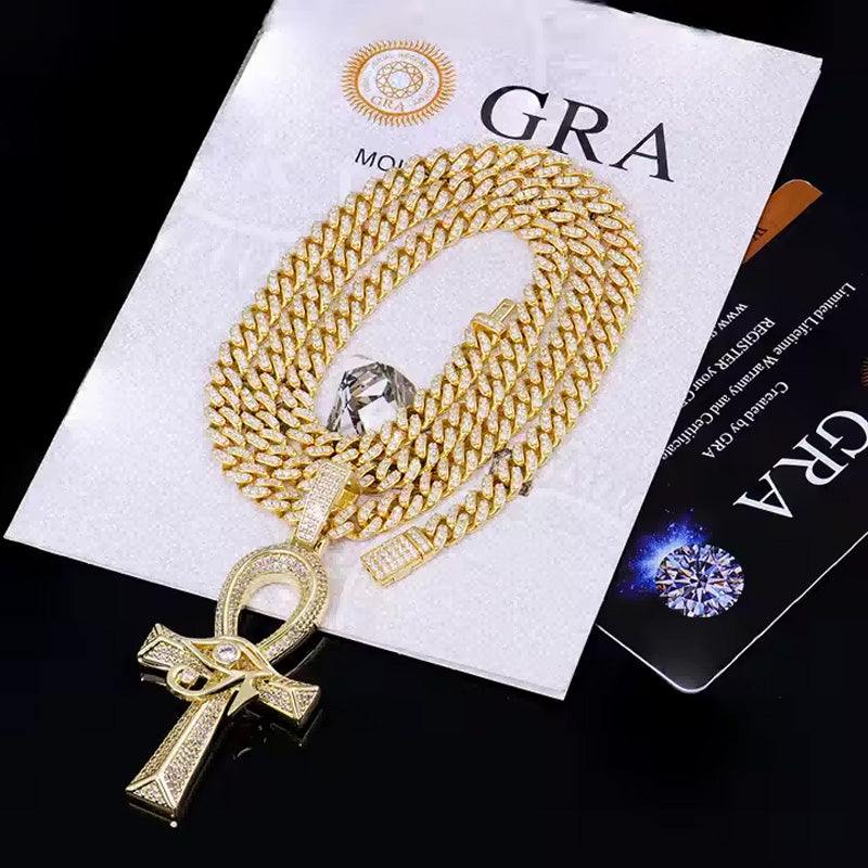 13mm Width Football Pendant Necklace,Full Diamond Eye Of Horus Cross Pendant Necklace, 3D Diamond Gold Zinc Alloy Stainless Steel Religious Zircon