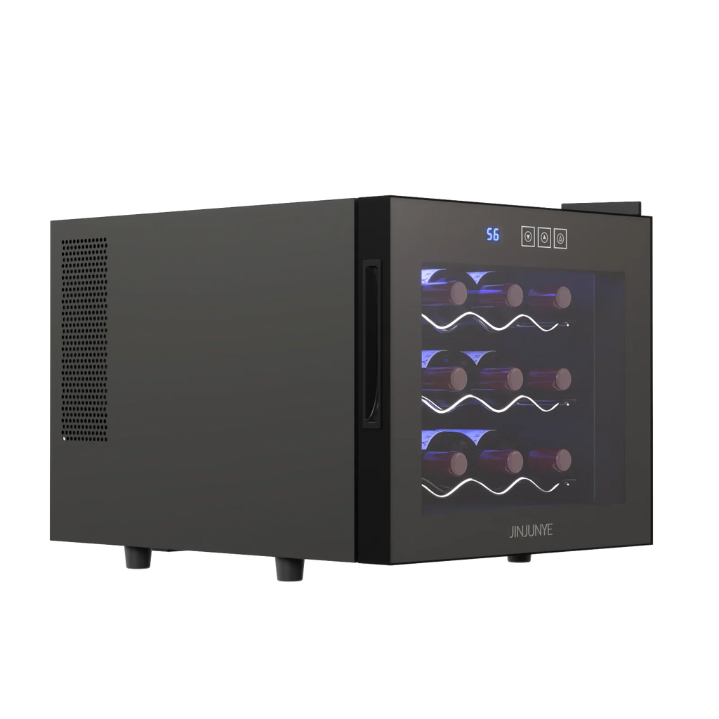 JINJUNYE Wine Cooler Refrigerator, 12 Bottle Wine Fridge Small, Countertop Wine Cooler with Temperature Control, Mini Freestanding Wine Cellars Glass Door for Home, Office, Bar, Gift for Men