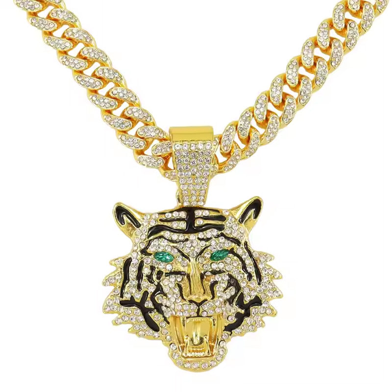 13mm Width Football Pendant Necklace,Hip Hop Green Eyes Tiger Head Pendant Necklace 3D Diamond Gold Zinc Alloy Stainless Steel Religious Zircon