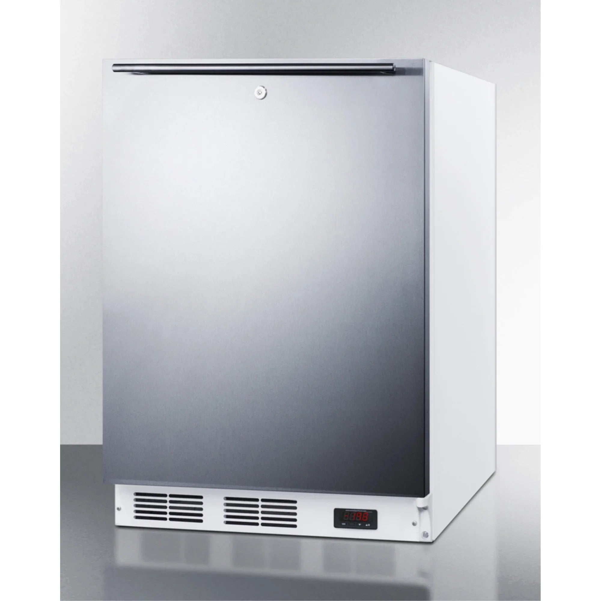 ADA compliant commercial built-in medical all-freezer capable of -25 C operation, with wrapped stainless steel door, horizontal handle, and lock