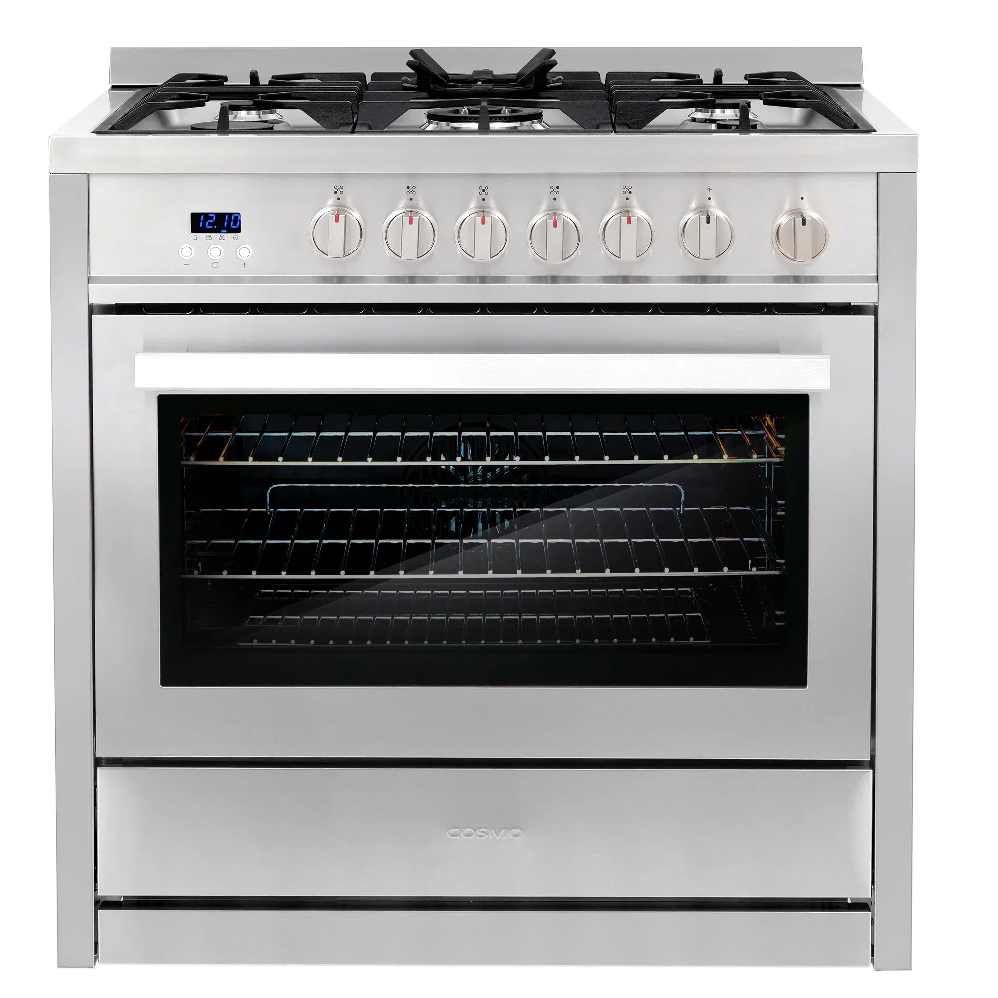 Cosmo 4 Piece Kitchen Appliance Package with 36" Freestanding Gas Range 36" Under Cabinet Range Hood 24" Built-in Integrated Dishwasher & French Door Refrigerator Kitchen Appliance Bundles