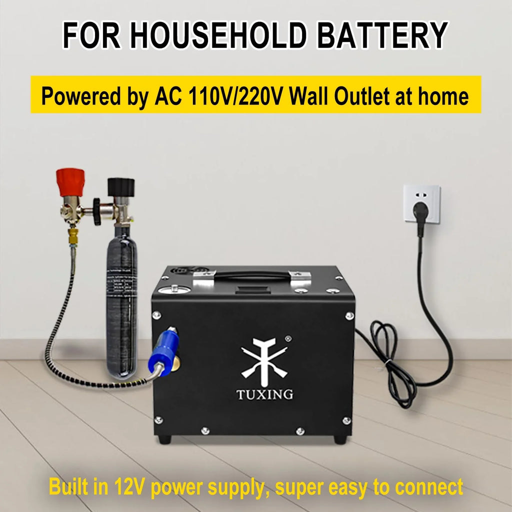 TUXING 4500Psi PCP Air Compressor,Auto-Stop,Oil/Water-Free, High Pressure Air Compressor for Paintball Tank Pump with Water/Oil Separator,Built-in Power Adapter(110V AC or 12V Car Battery)