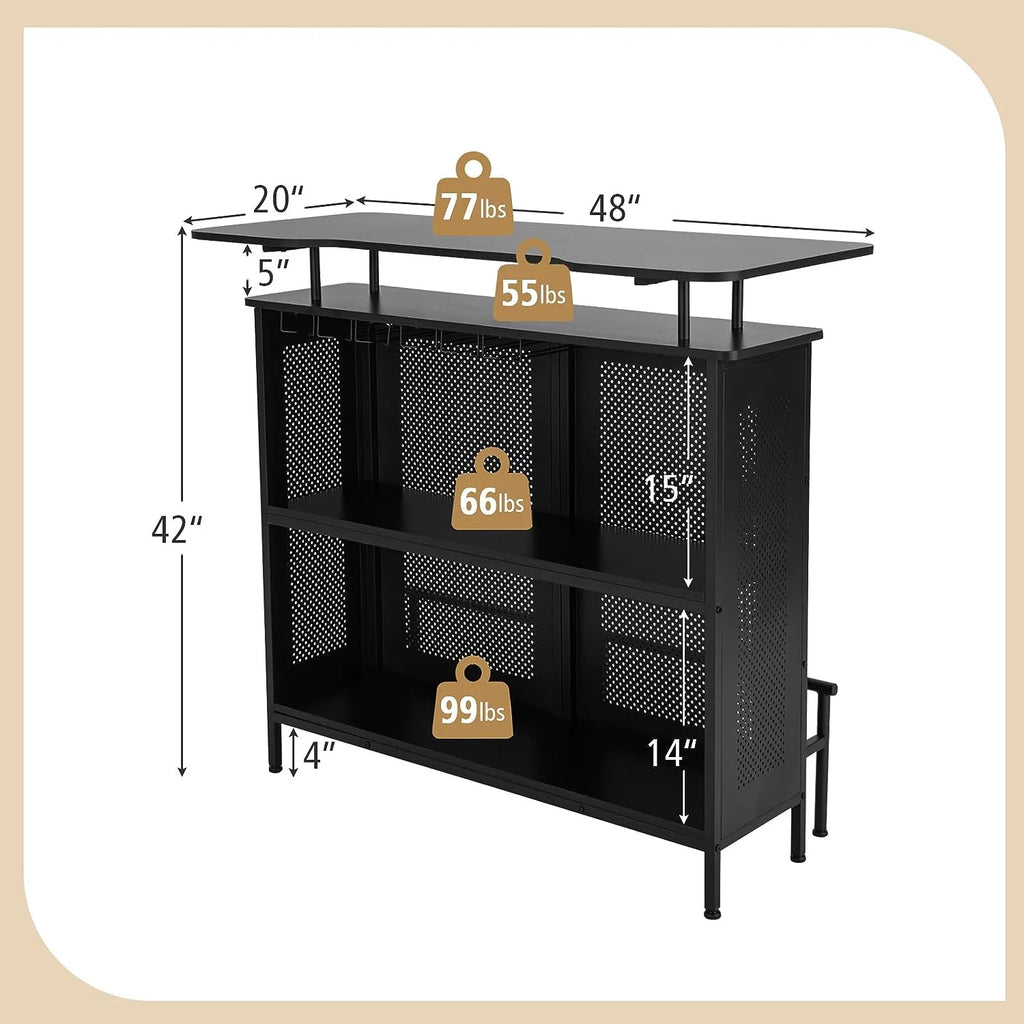 FJU 4-Tier Home Bar Unit, Home Bar Cabinet w/ 2 Wine Storage Shelves & 6 Stemware Holders, Metal Front & Footrest, 7 Adjustable Feet, Industrial Metal Wine Bar Table for Kitchen, Pub, Black