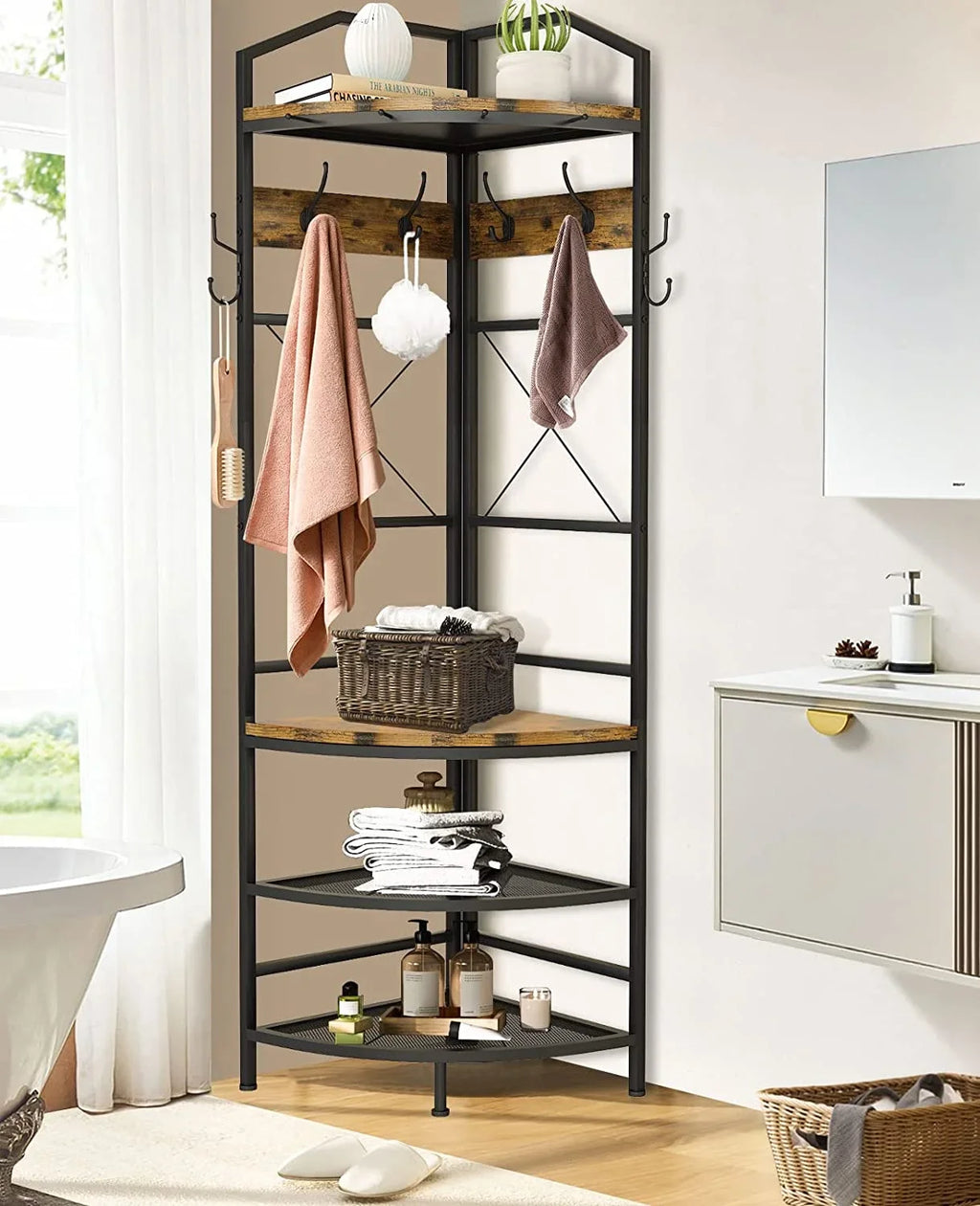 Corner Coat Rack Hall Tree with Shoe Bench Entryway Coat Rack with 6 Metal Hooks, Industrial Corner Shoe Racks Freestanding Corner Shelves Organizer Entryway Bench with Coat Rack & Storage