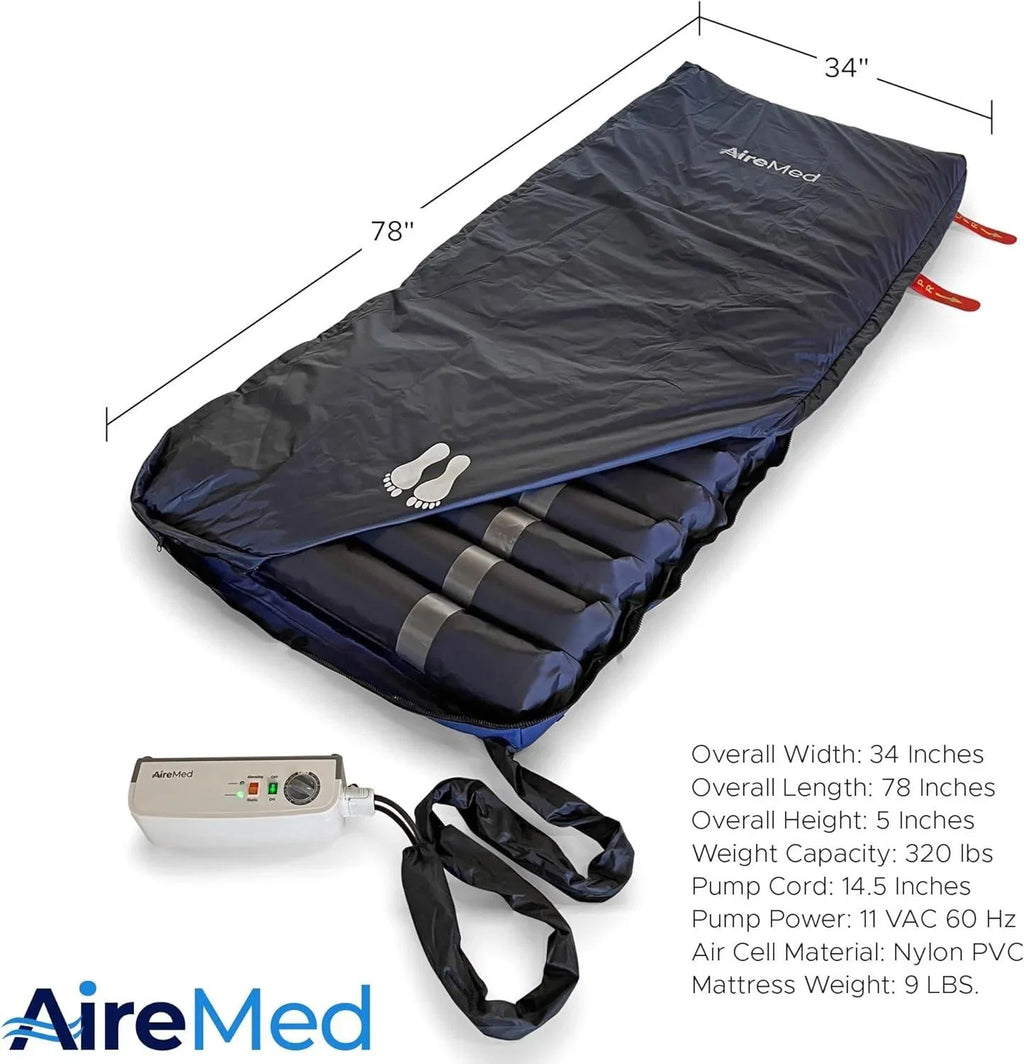 5” Low Air Loss & Alternating Pressure Mattress Overlay with Extra Zippered Quilted Cover – Advanced Pump with Static Function & Low Pressure Indicator Light - Ulcer Wound & Sore Prevention