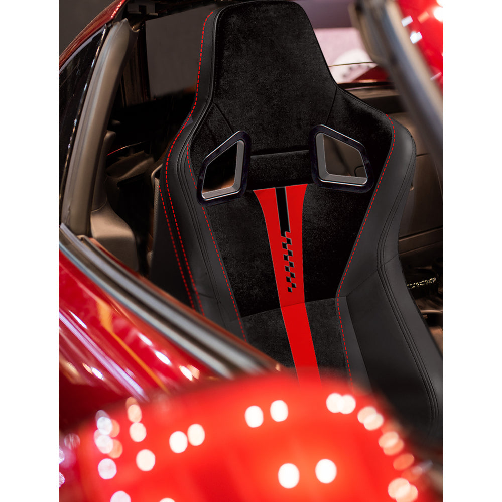 Zateety 2PC New Universal Bucket Racing Seats Red Stitch Red PVC Leather Reclinable Carbon Look Leather Back With Adjustor Slider(Not Including Seat Bracket ) 1 box of 2 pieces