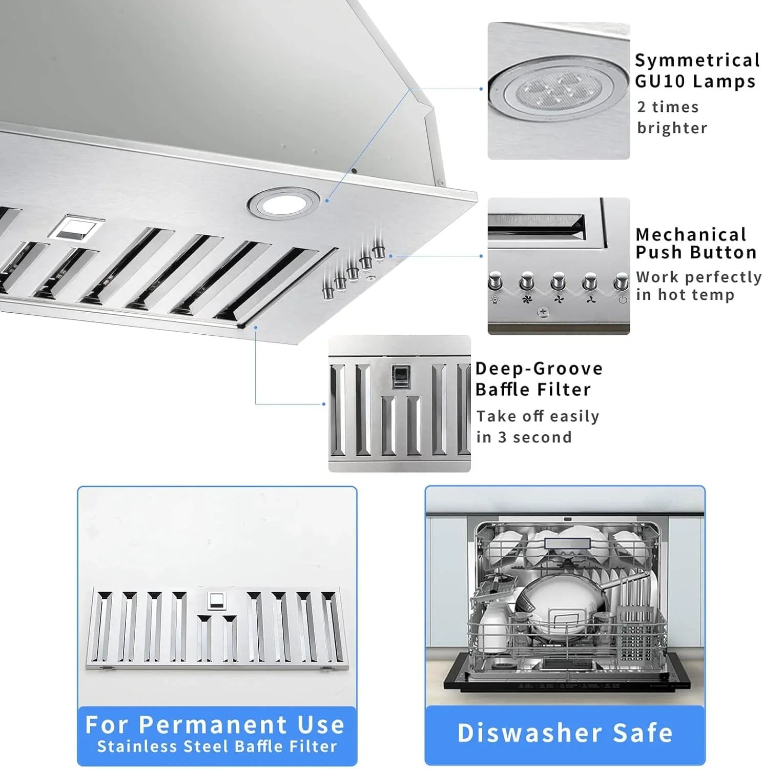 JOEAONZ 20 inch Range Hood Built-in 800CFM Stainless Kitchen Vent Exhaust 3-Speed with Led Bulb Filters