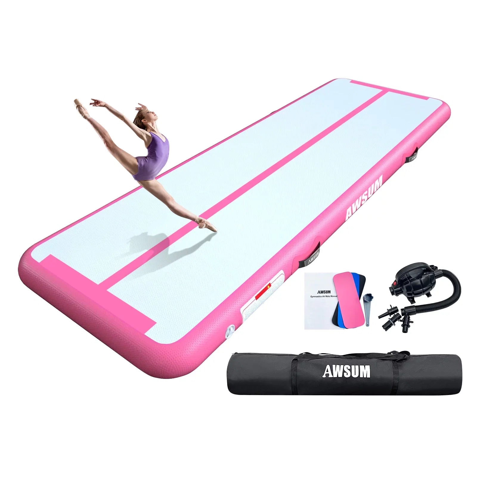 AWSUM Inflatable Air Gymnastics Mat 10 ft 13 ft 16 ft Training mat 4 inches Thick tumble track Air Roller with Electric Pump for Home/Gym