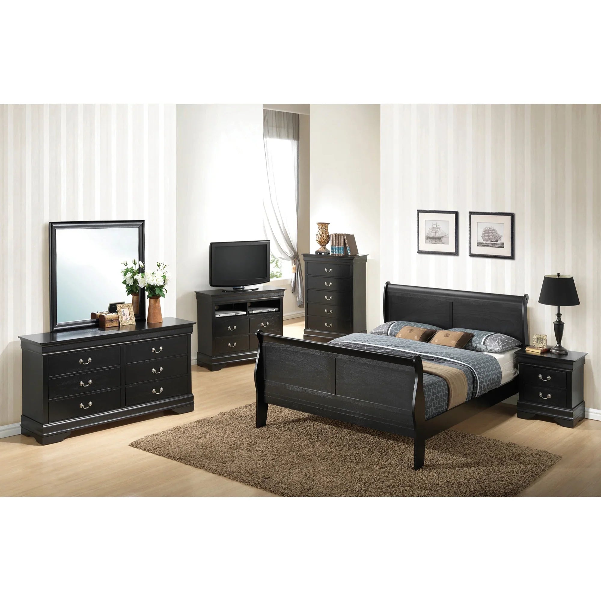 Passion Furniture Louis Philippe Sleigh Wood Bed with High Footboard, Black - King Size