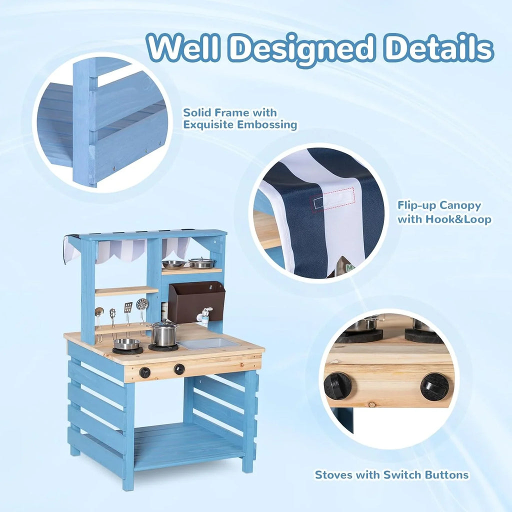 Brinjoy Kids Kitchen Playset, Double-Sided Wooden Outdoor Mud Kitchen w/Realistic Faucet, Removable Sink, Cooking Toys, Menu, Toddler Pretend Play Kitchen, Backyard Mud Table, Gift for Boys Girls
