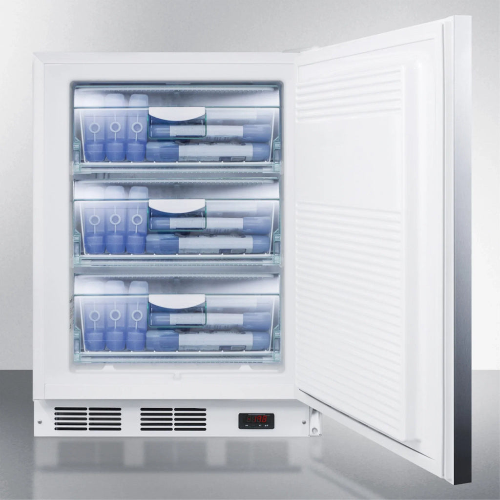 ADA compliant commercial built-in medical all-freezer capable of -25 C operation, with wrapped stainless steel door, horizontal handle, and lock