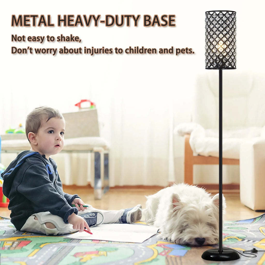 Natyswan Crystal Floor Lamp, Modern Black Floor Lamp with on/off Foot Switch,Tall Pole Accent Lighting for Living Room, Girl Bedroom, Dresser, Office