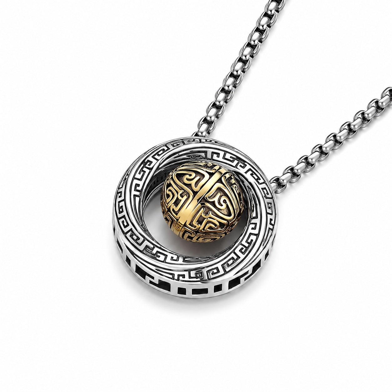 Two-Tone Chinese Retro Rotatable Round Bead Circle Pendant Necklace For Men, Copper Plated Silver Ancient Hui Pattern Vintage Ethnic Punk Jewelry Gift