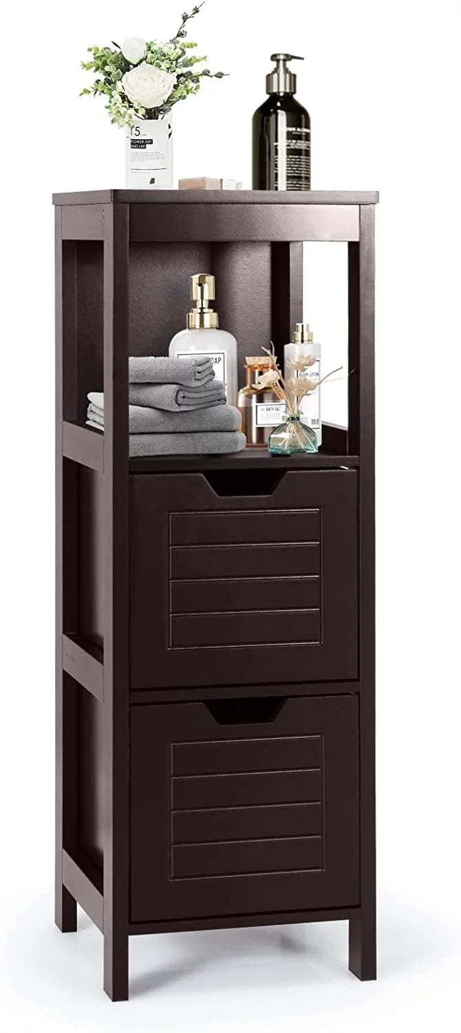 Bathroom Storage Cabinet, Freestanding Wooden Side Storage Cabinet with 2 Adjustable Drawers, Space-Saving Floor Cabinet for Living Room Bathroom Bedroom Entryway (Grey)