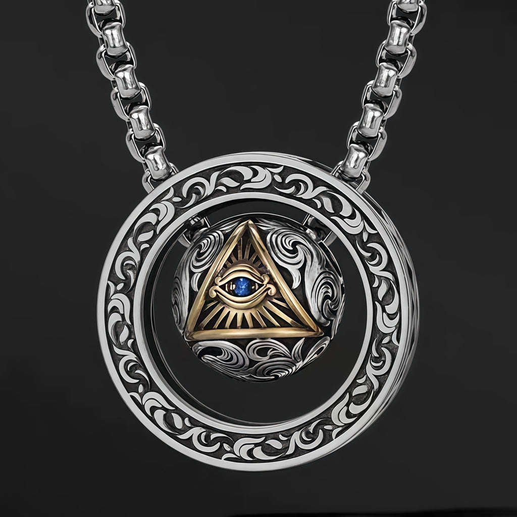 Vintage All-Seeing Eye Rotatable Round Ball Circle Pendant Necklace For Men, Copper Plated Silver Triangular Eye With Blue Zircon Scroll Engraving Punk Amulet Jewelry Gift