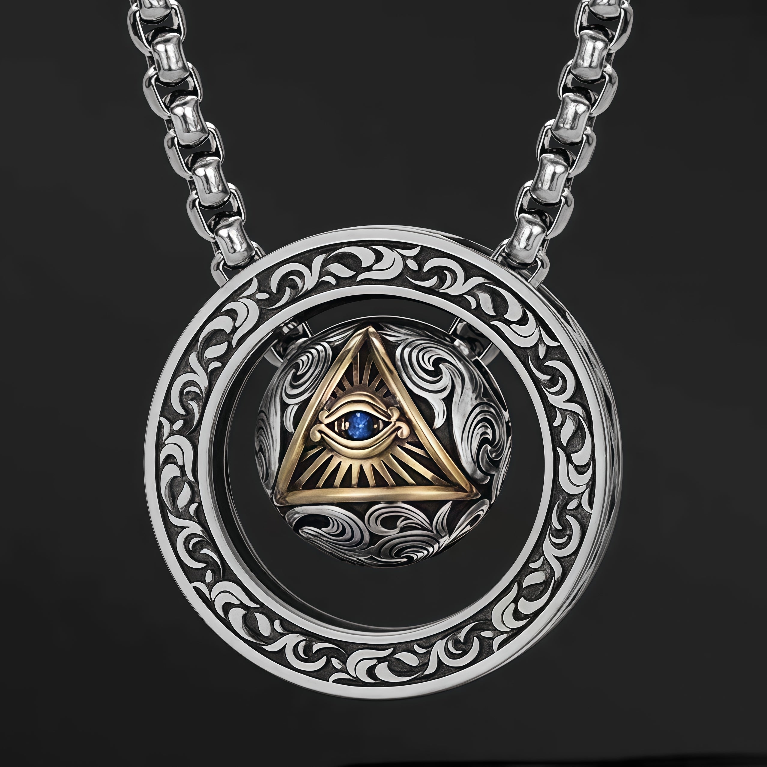 Vintage All-Seeing Eye Rotatable Round Ball Circle Pendant Necklace For Men, Copper Plated Silver Triangular Eye With Blue Zircon Scroll Engraving Punk Amulet Jewelry Gift