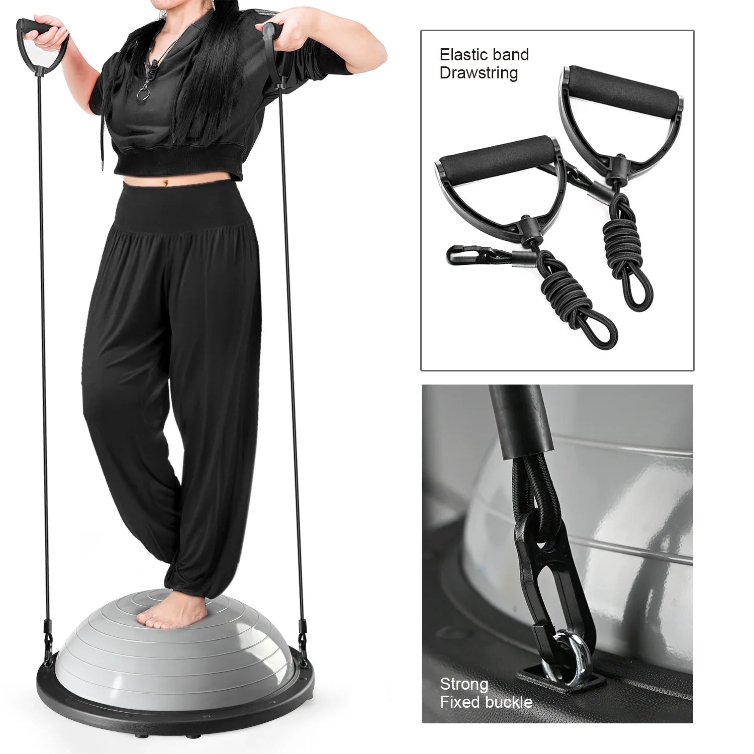 Yoga Balance Trainer Exercise Ball with Resistance Bands, Half Dome Stability Ball Home Fitness Strength Exercise Workout With Pump