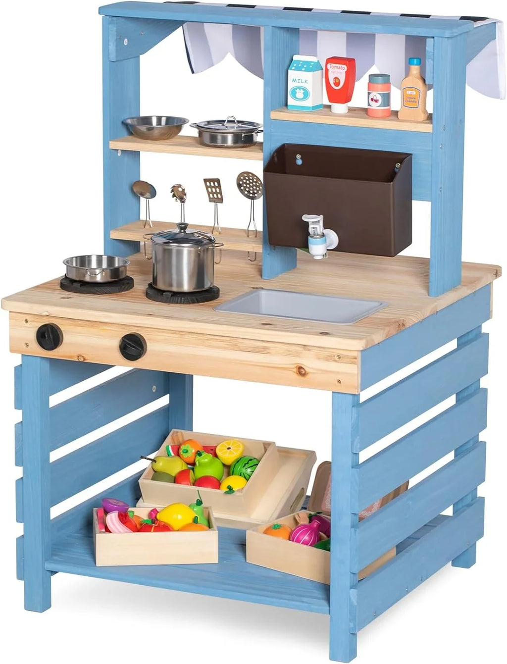 Brinjoy Kids Kitchen Playset, Double-Sided Wooden Outdoor Mud Kitchen w/Realistic Faucet, Removable Sink, Cooking Toys, Menu, Toddler Pretend Play Kitchen, Backyard Mud Table, Gift for Boys Girls