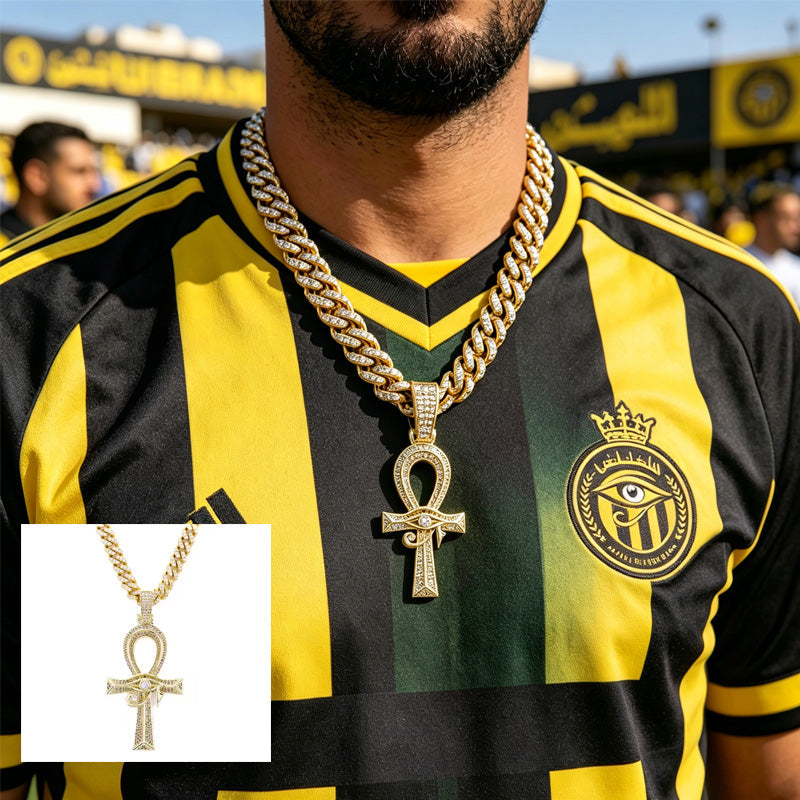 13mm Width Football Pendant Necklace,Full Diamond Eye Of Horus Cross Pendant Necklace, 3D Diamond Gold Zinc Alloy Stainless Steel Religious Zircon