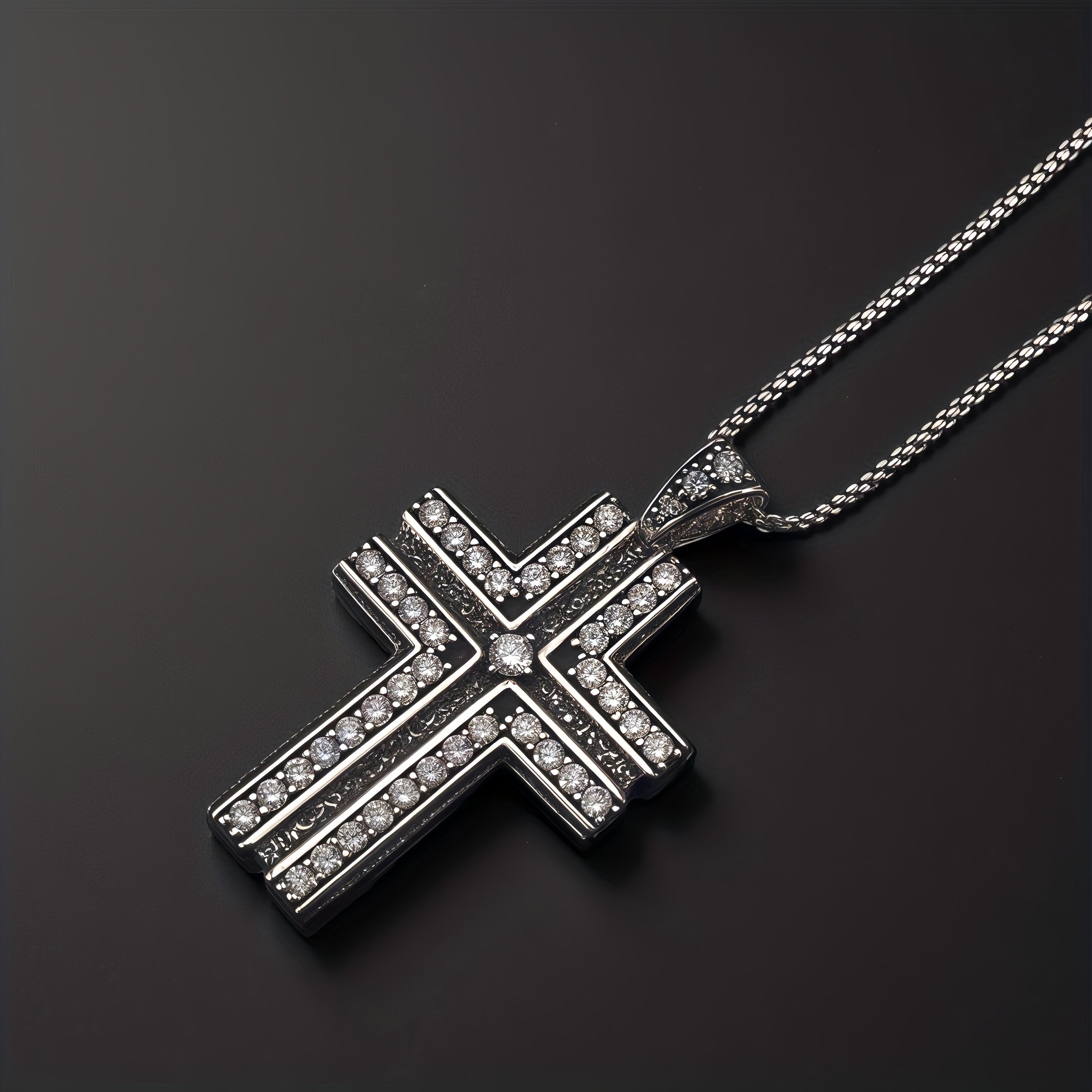 Antique Black Double Layer Cross Necklace, Copper Base Gunmetal Plated Sparkling CZ Christian Faith Pendant Jewelry