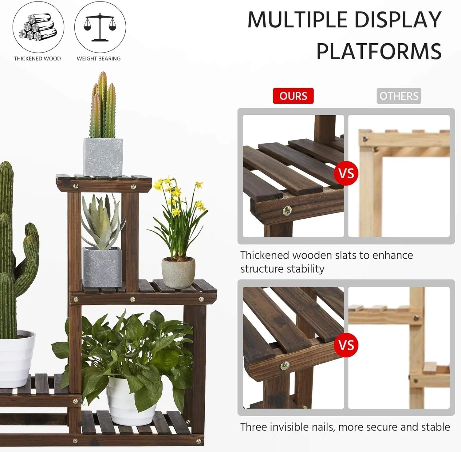 Flower Display Stand Wooden Plant Shelf Racks Indoor Flower Stands Pots Display Rustic Shelf Holder Outdoor Assorted Usage Unit for Patio Garden Yard Corner Balcony Living Room Bedroom