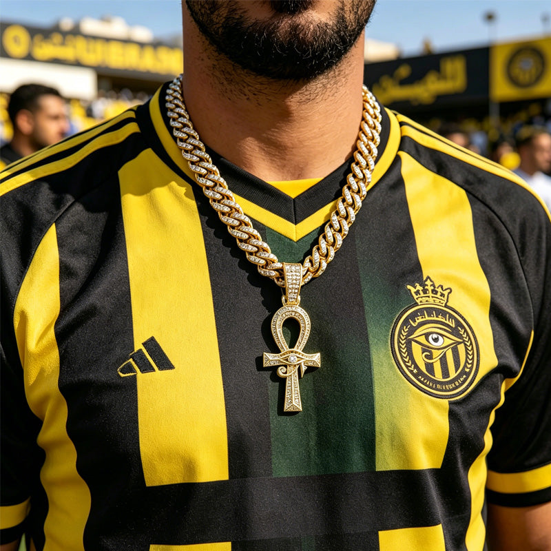 13mm Width Football Pendant Necklace,Full Diamond Eye Of Horus Cross Pendant Necklace, 3D Diamond Gold Zinc Alloy Stainless Steel Religious Zircon
