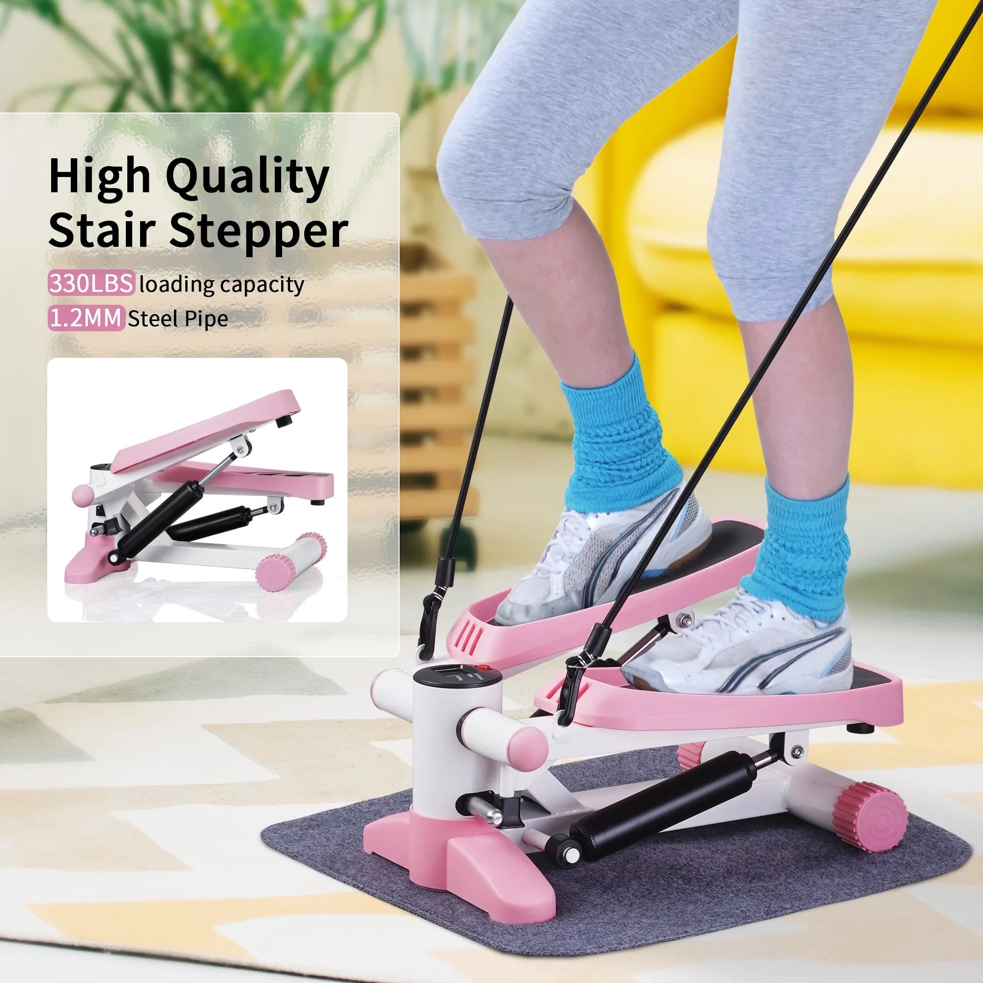 Wesfital Steppers for Exercise + Free Non-slip Mat, Mini Stair Stepper with Resistance Bands(Pink)