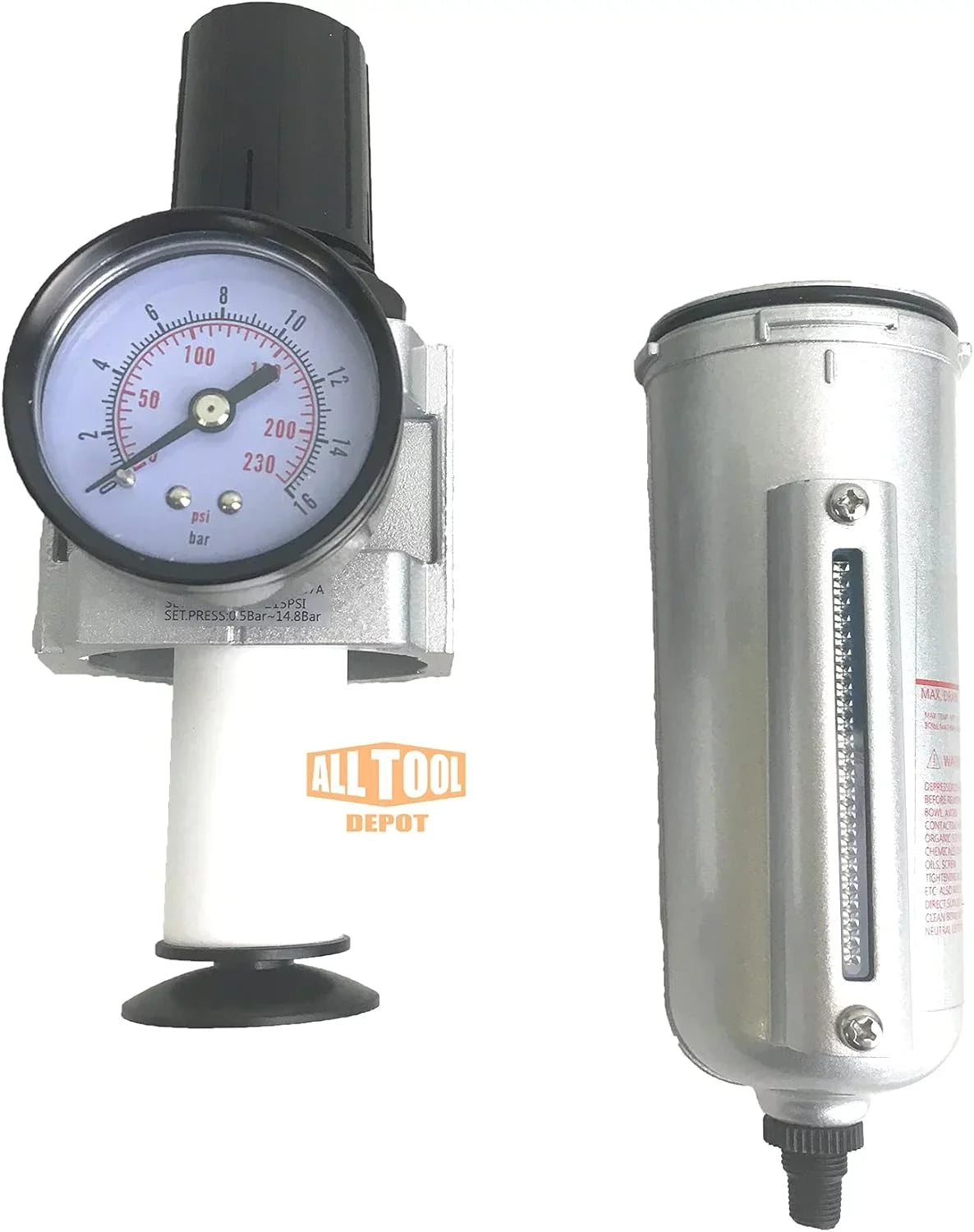 NPT HEAVY DUTY Compressed Air In Line Filter Regulator Combo Piggyback, Metal Bowl, 5 Micron , Adjustable From 7 To 175 PSI (AUTO DRAIN)