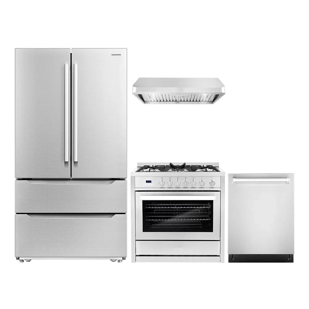Cosmo 4 Piece Kitchen Appliance Package with 36" Freestanding Gas Range 36" Under Cabinet Range Hood 24" Built-in Integrated Dishwasher & French Door Refrigerator Kitchen Appliance Bundles