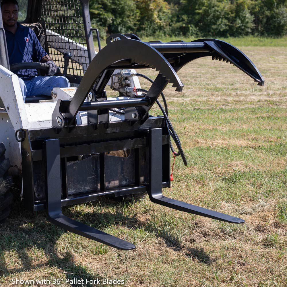Titan Attachments Hydraulic Skid Steer Pallet Fork Grapple Attachment V2 with 48in Fork Blades, 1/2in Thick Steel Frame, Quick Tach Mounting System