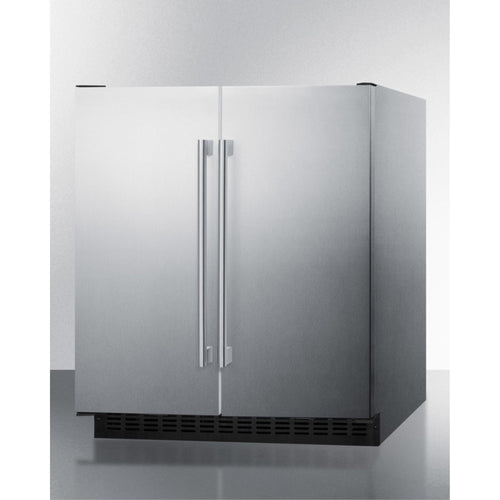 30" wide undercounter frost-free side-by-side refrigerator-freezer in stainless steel with locks, stainless steel handles, and digital controls
