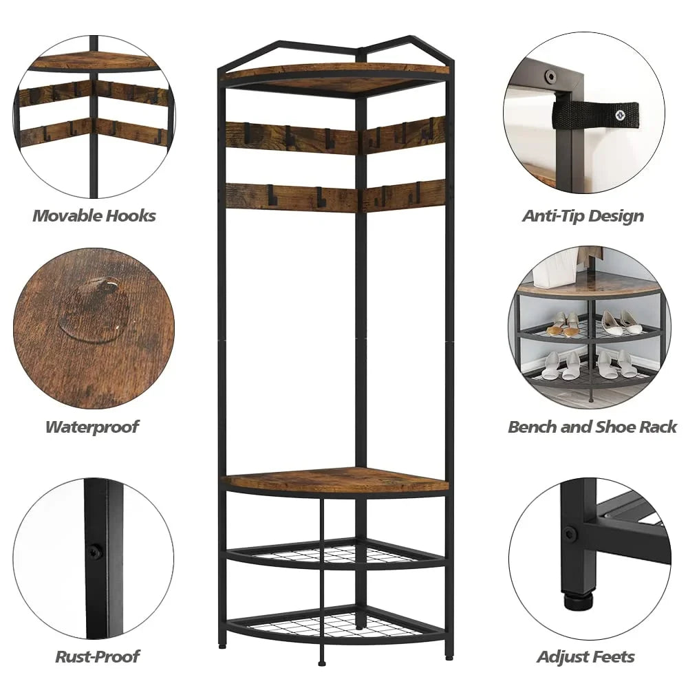 Corner Hall Tree with Shoe Bench Entryway Coat Rack with 10 Metal Movable Hooks Freestanding Clothes Rack Shoes Shelf Organizer for Home Office Bedroom (Rustic Brown)