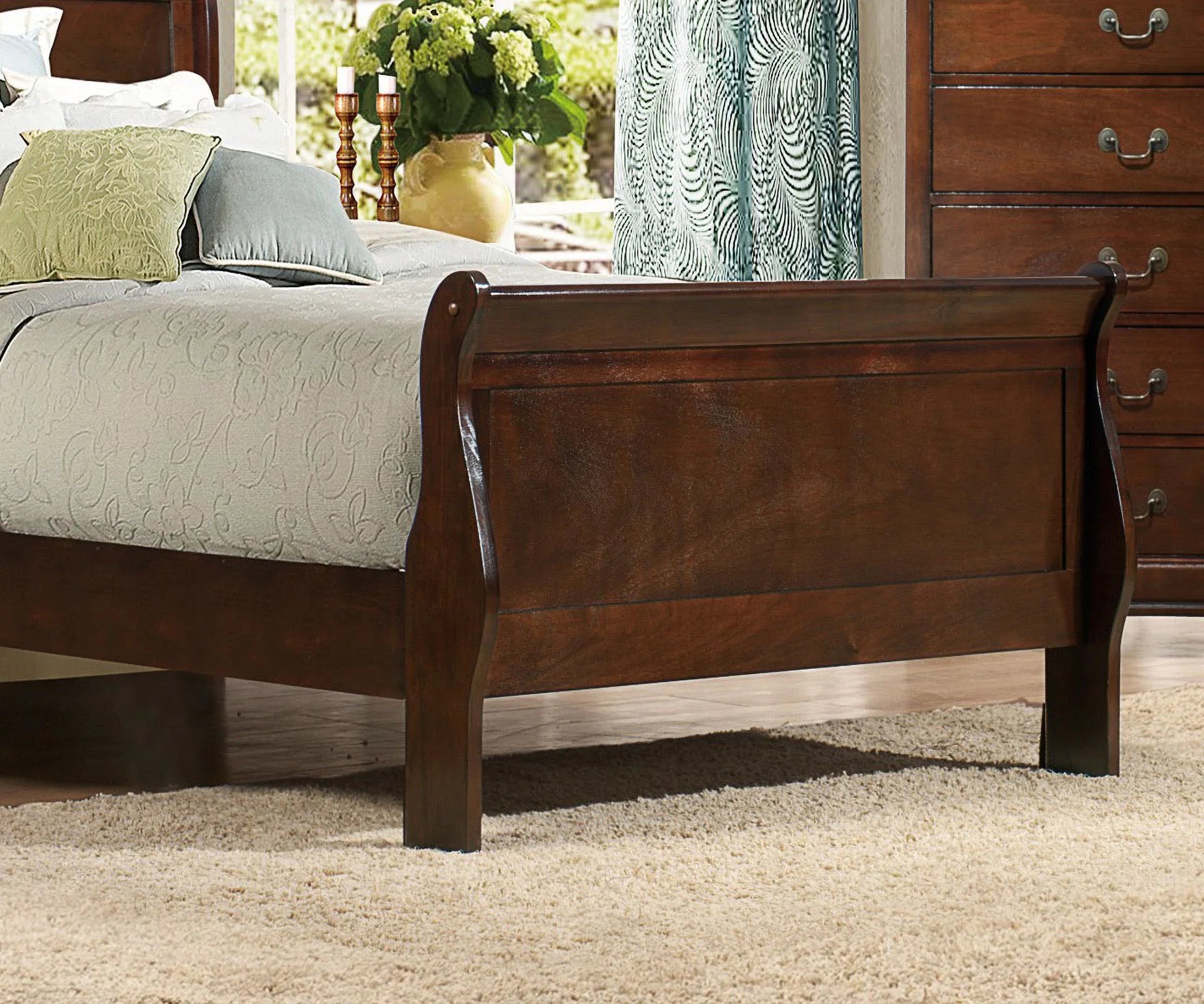 Homiyad Classic Louis Philipe Style Twin Size Bed Brown Cherry Finish 1Pc Traditional Design Bedroom Furniture Sleigh Bed