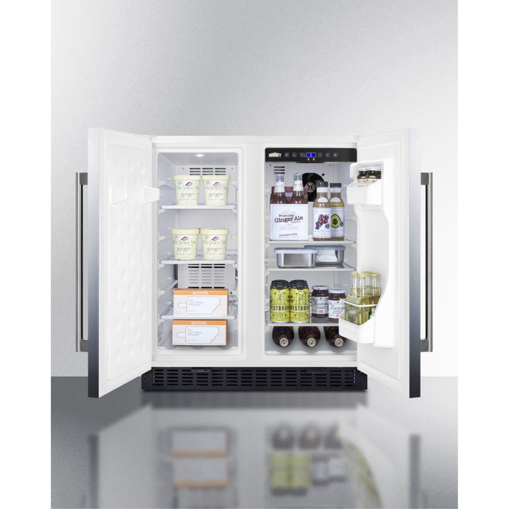 30" wide undercounter frost-free side-by-side refrigerator-freezer in stainless steel with locks, stainless steel handles, and digital controls