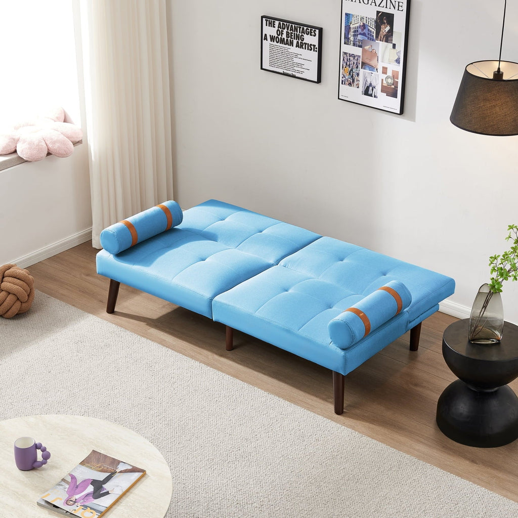 Blue Linen Modern Convertible Futon Sofa Bed with Solid Wood Legs for Versatile Sleeping Options and Stylish Living Room Decor.