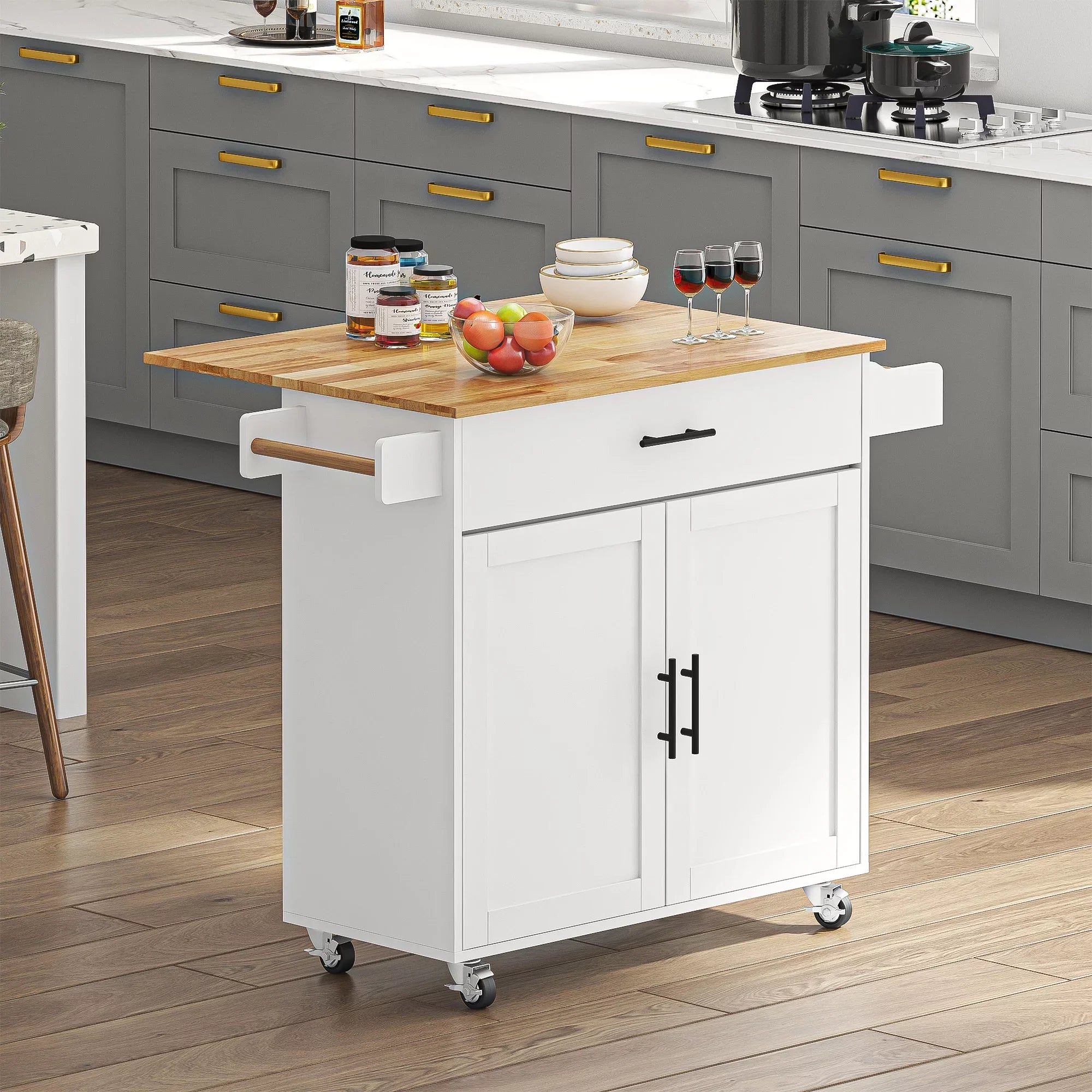 SogesHome Kitchen Island with Hidden Cabinets, Sliding Drawers,and Adjustable Shelves