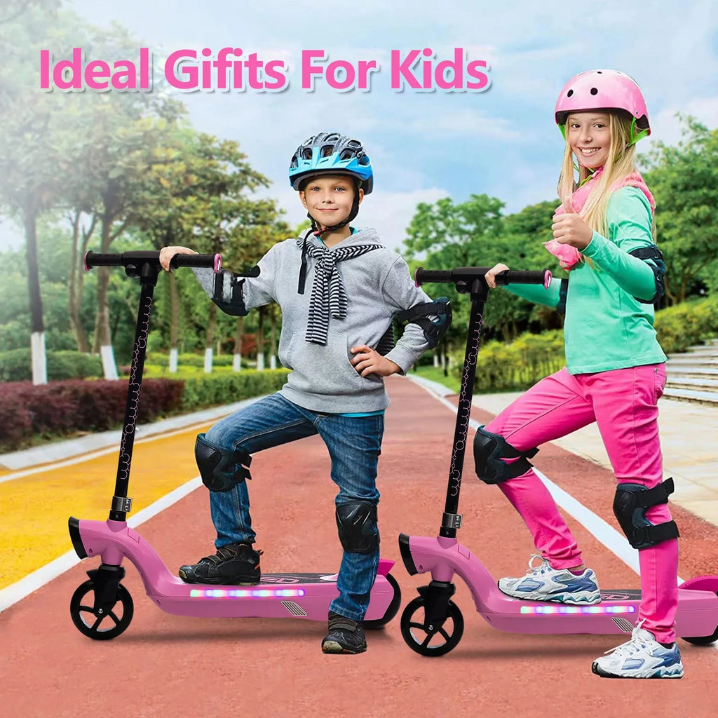 iRerts Kids Electric Scooter for 6-14 Year Old, Portable Kids Scooter for Boys Girls, 12V 45W Kids Electric Scooter with Front Big Light, Rear Brake, Colorful Deck Light, Pink