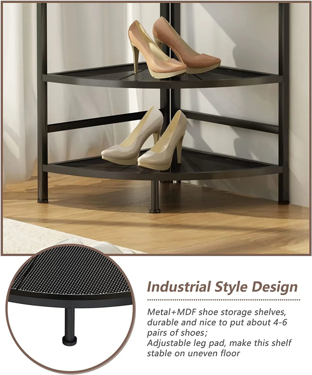 Corner Coat Rack Hall Tree with Shoe Bench Entryway Coat Rack with 6 Metal Hooks, Industrial Corner Shoe Racks Freestanding Corner Shelves Organizer Entryway Bench with Coat Rack & Storage