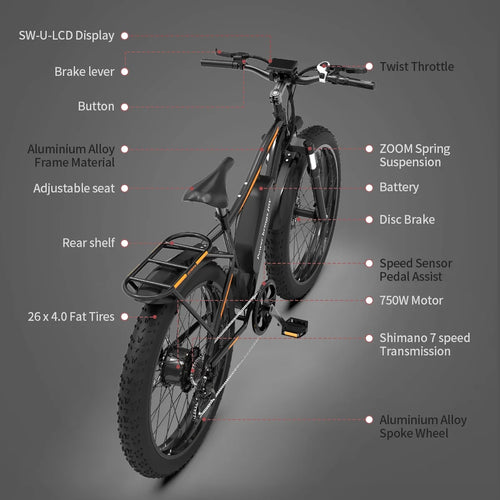 26 In.48V 13Ah 750W Mountain Electric Bikes for Adults Men, 26"x4.0 Fat Tire Electric Bicycle 7 speeds Gear Outdoor Ebikes, Black,S48