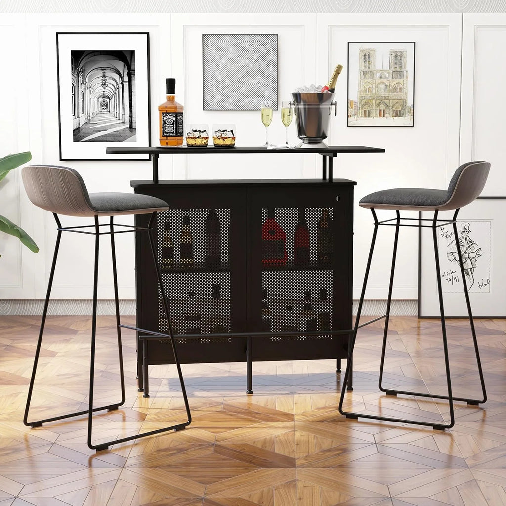 FJU 4-Tier Home Bar Unit, Home Bar Cabinet w/ 2 Wine Storage Shelves & 6 Stemware Holders, Metal Front & Footrest, 7 Adjustable Feet, Industrial Metal Wine Bar Table for Kitchen, Pub, Black