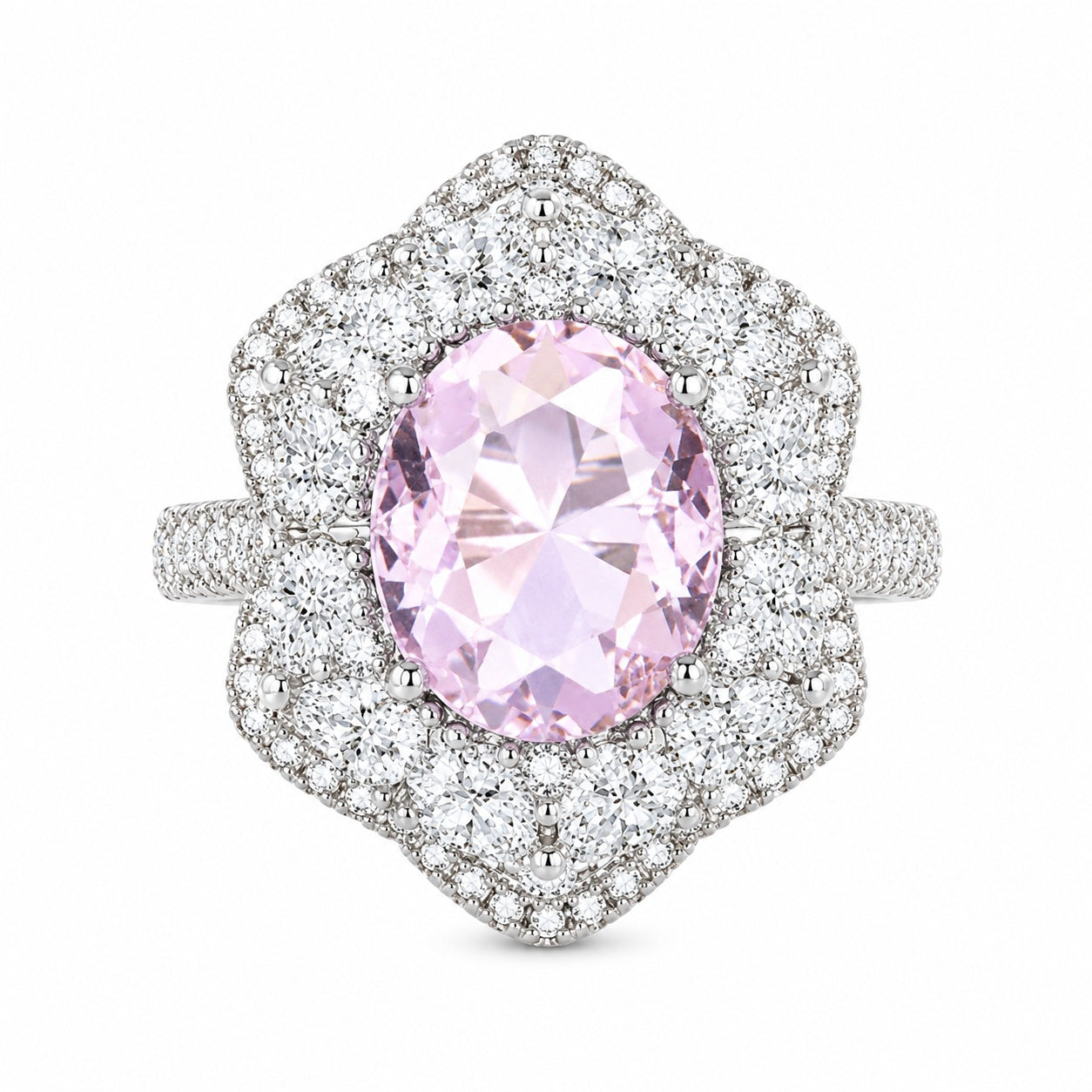 Oval  CZ Floral Double Halo Open Adjustable Ring For Women, Copper Plated Silver Pave Diamond Cocktail Wedding Statement Jewelry Gift