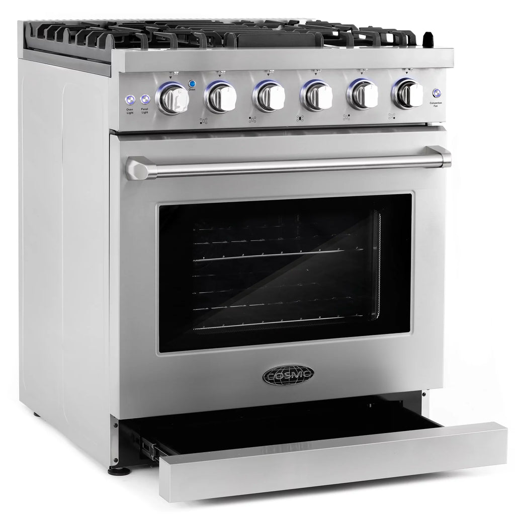 Cosmo 4 Piece Kitchen Appliance Package with 30" Freestanding Gas Range 30" Wall Mount Range Hood 24" Built-in Integrated Dishwasher & French Door Refrigerator Kitchen Appliance Bundles